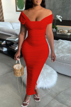 Red Sexy Solid Split Joint Square Collar Pencil Skirt Dresses