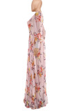 Pink Sweet Print Patchwork V Neck Long Sleeve Dresses