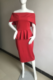 Pink Sexy Solid Flounce Off the Shoulder Pencil Skirt Dresses