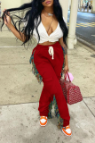 White Casual Solid Tassel Harlan Mid Waist Harlan Solid Color Bottoms
