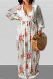 Pink Sweet Print Patchwork V Neck Long Sleeve Dresses