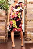 Black Sexy Print Patchwork One Shoulder Pencil Skirt Dresses
