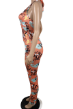 Orange Sexy Print Hollowed Out Halter Skinny Jumpsuits