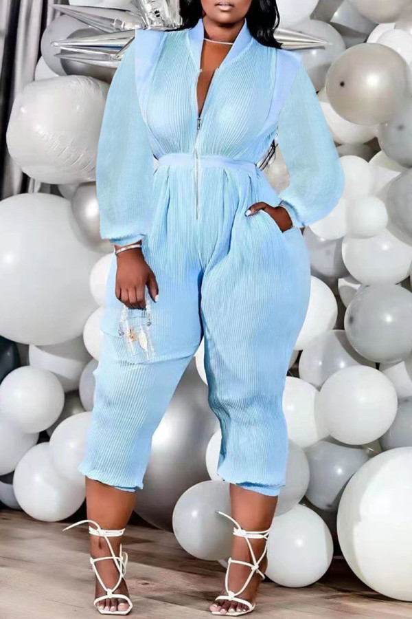 Sky Blue Fashion Casual Solid Basic Zipper Collar Regular Jumpsuits