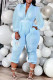 Sky Blue Fashion Casual Solid Basic Zipper Collar Regular Jumpsuits