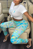 Blue Sexy Print Patchwork O Neck Short Sleeve Two Pieces