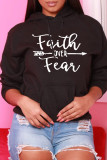 Black Fashion Casual Letter Print Basic Hooded Collar Tops