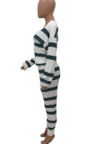 Beige Casual Striped Print Patchwork Buckle V Neck Long Sleeve Two Pieces