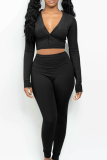 Black Sexy Solid Letter O Neck Long Sleeve Two Pieces