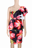Black Sexy Print Patchwork One Shoulder Pencil Skirt Dresses