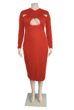 Red Fashion Sexy Solid Hollowed Out V Neck Long Sleeve Plus Size Dresses