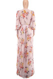 Pink Sweet Print Patchwork V Neck Long Sleeve Dresses