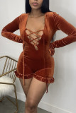 Yellow Sexy Solid Patchwork Frenulum V Neck Straight Rompers