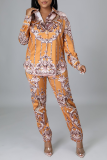 Yellow Sexy Print Patchwork Turndown Collar Long Sleeve Two Pieces
