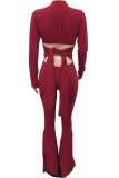Red Sexy Solid Hollowed Out V Neck Skinny Jumpsuits