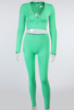 Fluorescent Green Sexy Solid Letter O Neck Long Sleeve Two Pieces