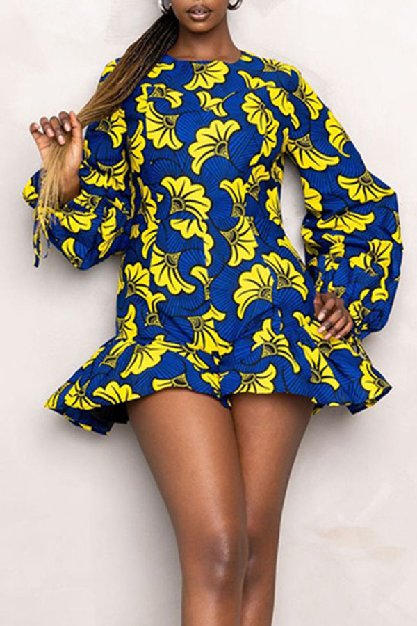 Yellow Fashion Print Patchwork Flounce O Neck Straight Rompers