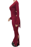 Red Sexy Solid Hollowed Out V Neck Skinny Jumpsuits