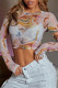 Multicolor Fashion Sexy Print See-through O Neck Tops