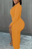 Orange Casual Solid Patchwork Buckle Fold Turndown Collar Pencil Skirt Dresses