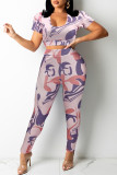 Pink Fashion Casual Print Basic U Neck Short Sleeve Two Pieces