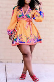 Orange Sexy Print With Belt V Neck Princess Dresses