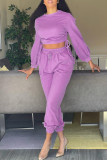 Purple Fashion Casual Solid Bandage O Neck Long Sleeve Two Pieces
