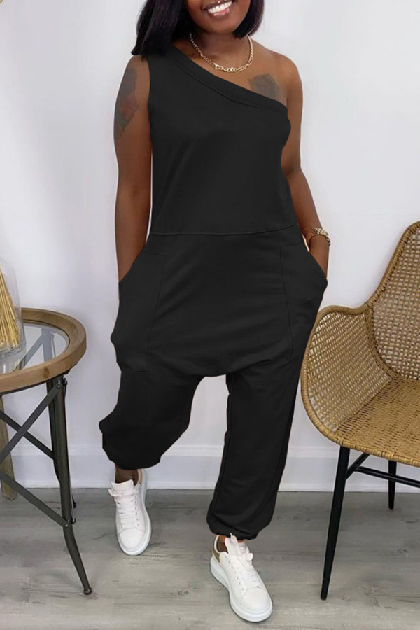 Black Casual Solid Backless One Shoulder Sleeveless Regular Jumpsuits