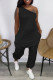 Black Casual Solid Backless One Shoulder Sleeveless Regular Jumpsuits
