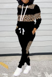Black Casual Print Leopard Patchwork Turtleneck Long Sleeve Two Pieces