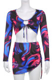 Blue Sexy Print Patchwork V Neck Three Quarter Two Pieces