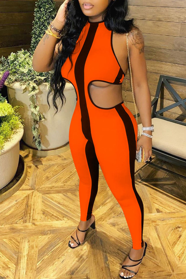 Orange Sexy Striped Print Hollowed Out Patchwork Frenulum Backless Halter Skinny Jumpsuits