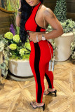 Red Sexy Striped Print Hollowed Out Patchwork Frenulum Backless Halter Skinny Jumpsuits