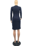 Tibetan Blue Fashion Casual Solid Slit O Neck Long Sleeve Dresses