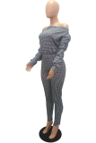 Blue Casual Plaid Split Joint Off the Shoulder Long Sleeve Two Pieces