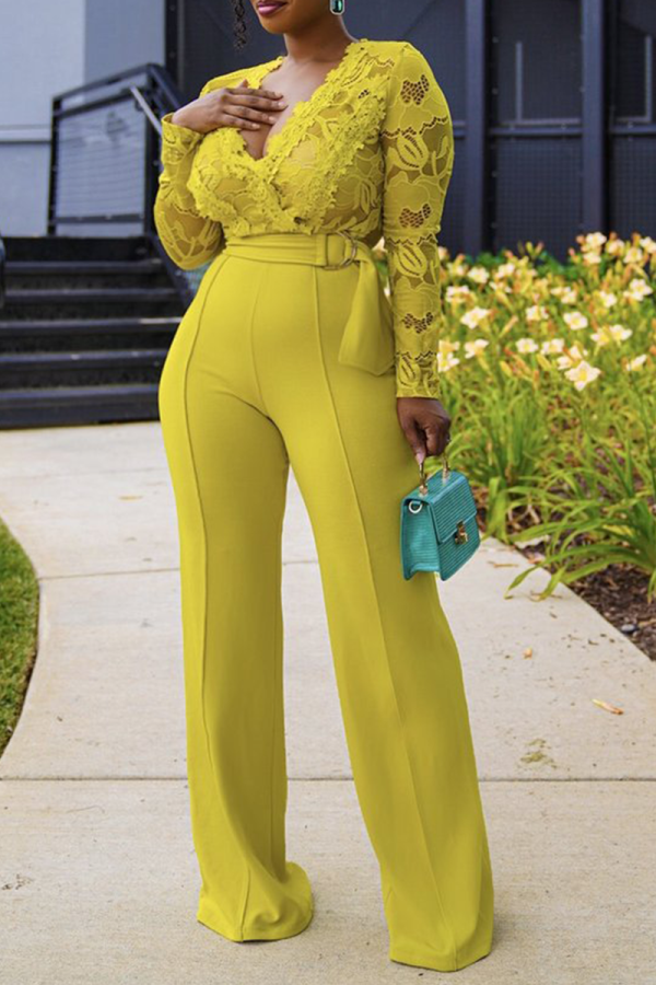 Yellow Sexy Solid Lace V Neck Boot Cut Jumpsuits