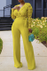 Yellow Sexy Solid Lace V Neck Boot Cut Jumpsuits