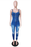 Blue Sexy Casual Patchwork Ripped Backless Spaghetti Strap Skinny Jumpsuits