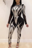 Silver Sexy Print Split Joint O Neck Jumpsuits