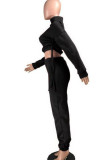 Grey Casual Solid Patchwork Draw String Fold Half A Turtleneck Long Sleeve Two Pieces