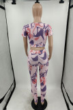 Pink Fashion Casual Print Basic U Neck Short Sleeve Two Pieces