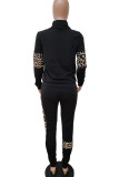 Black Casual Print Leopard Patchwork Turtleneck Long Sleeve Two Pieces