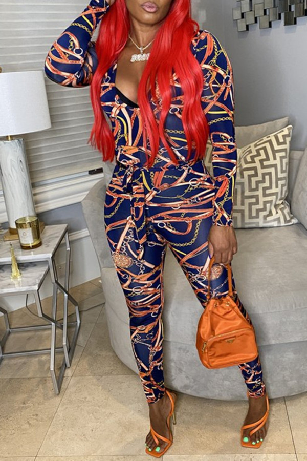 Blue Fashion Casual Print Basic V Neck Skinny Jumpsuits