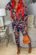 Blue Fashion Casual Print Basic V Neck Skinny Jumpsuits