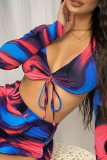 Blue Sexy Print Patchwork V Neck Three Quarter Two Pieces