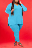 Light Blue Casual Solid Split Joint V Neck Plus Size Two Pieces