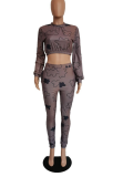 Grey Casual Print Patchwork O Neck Long Sleeve Two Pieces