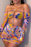 Colour Sexy Print Patchwork Spaghetti Strap Long Sleeve Two Pieces
