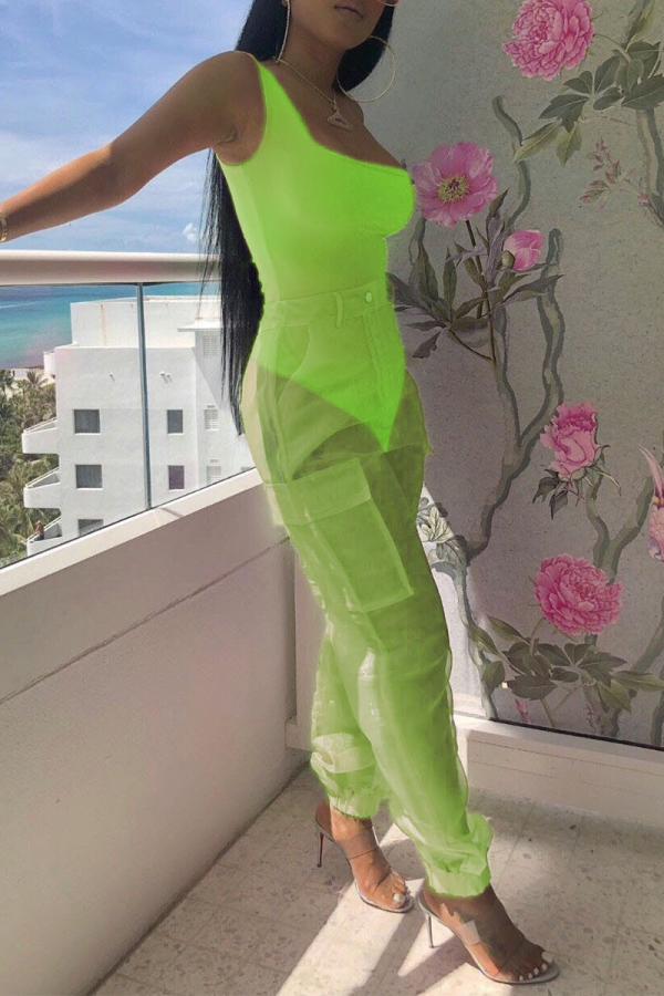 Fluorescent Green Sexy Solid Mesh Square Collar Sleeveless Two Pieces