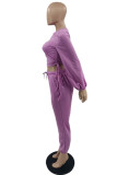 Purple Fashion Casual Solid Bandage O Neck Long Sleeve Two Pieces